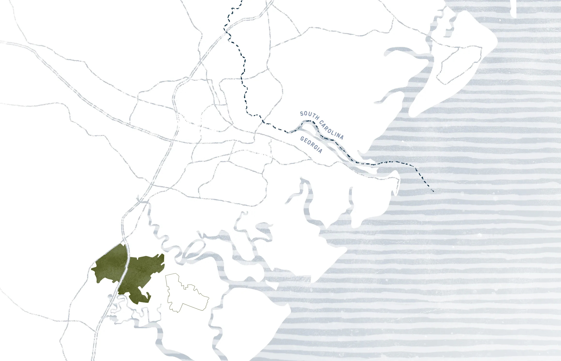 Regional map: Heartwood is in Richmond Hill, Georgia, twenty minutes from Savannah/Hilton Head International Airport, with Fort Stewart to the west and the barrier islands along the coast.