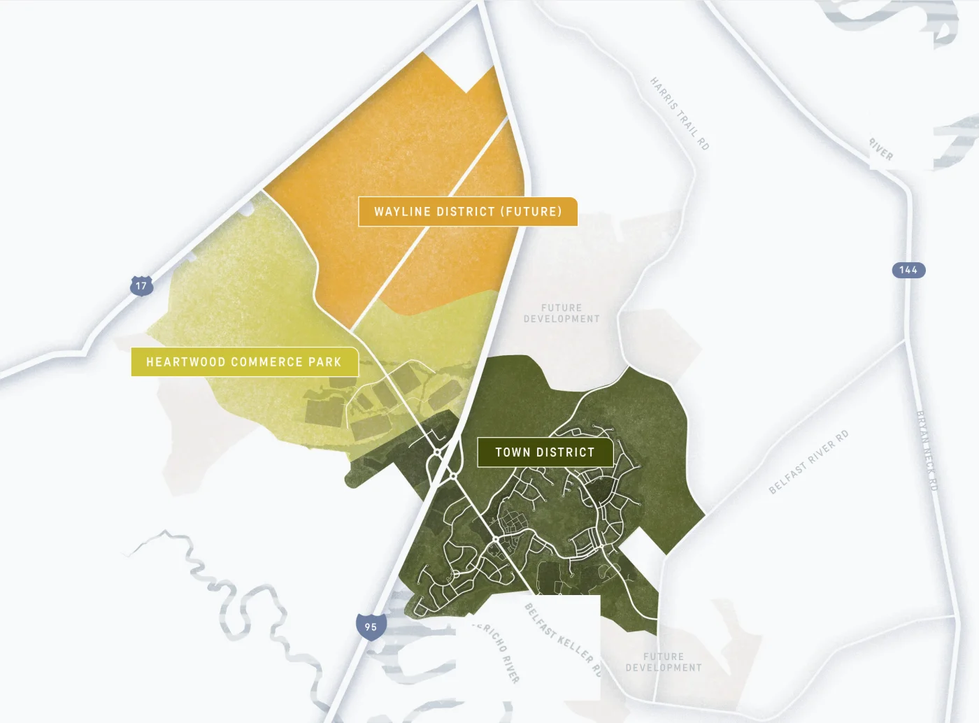 Map of Heartwood&rsquo;s three districts: Town District, Heartwood Commerce Park and the future Wayline District, between US 17, I-95 and Belfast River Rd.