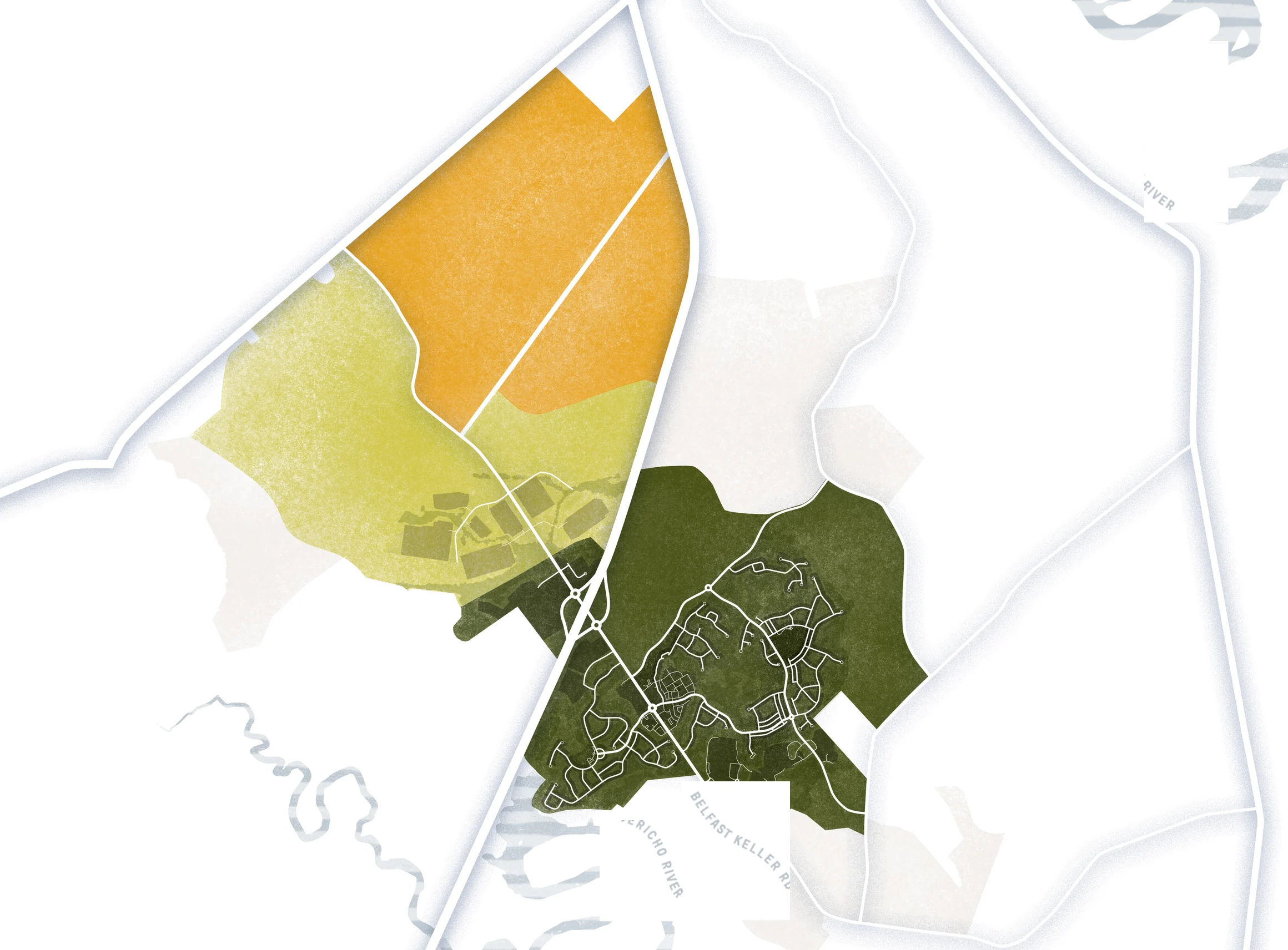Mapa de los tres distritos de Heartwood: Town District, Heartwood Commerce Park y Wayline District (futuro), entre la 17, la 95 y el río Ogeechee.