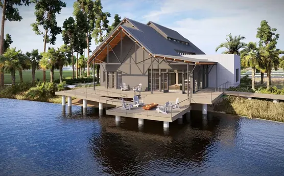 Render del embarcadero de Heartwood sobre el agua