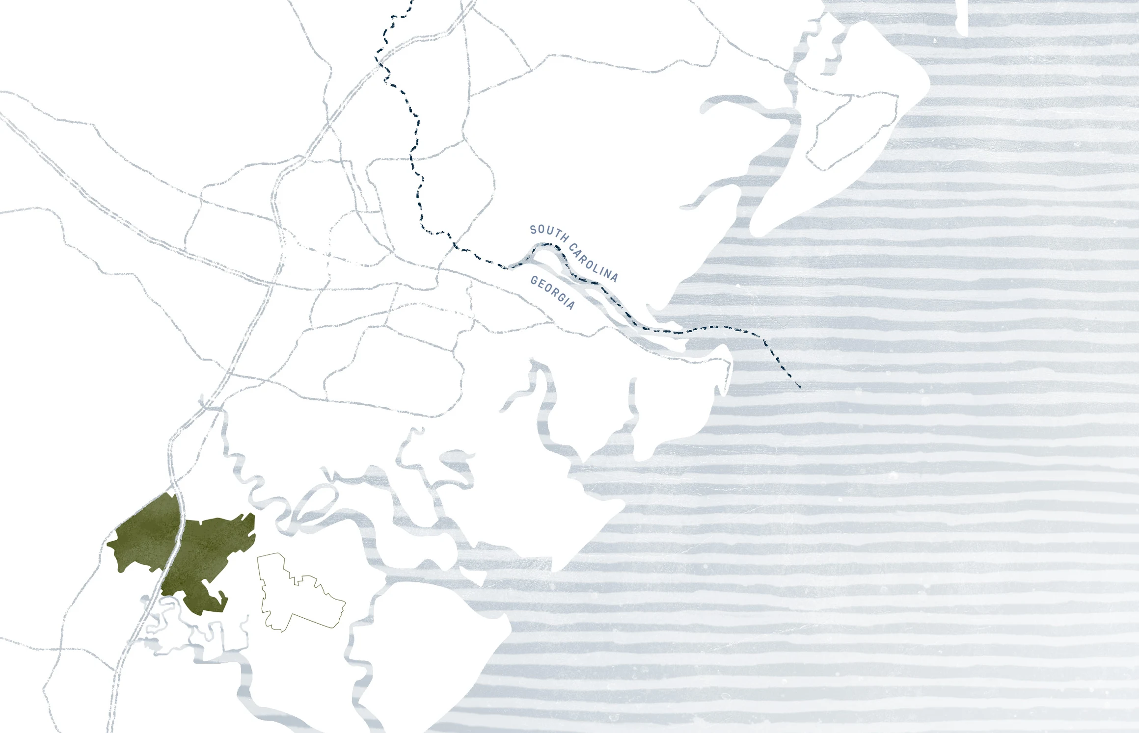 Regional map: Heartwood sits in Richmond Hill, Georgia, twenty minutes from Savannah/Hilton Head International Airport, with Fort Stewart to the west and the barrier islands along the coast.