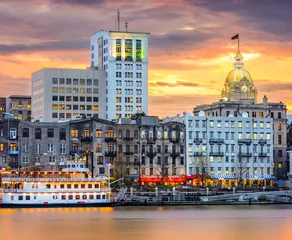 The Savannah riverfront at sunset