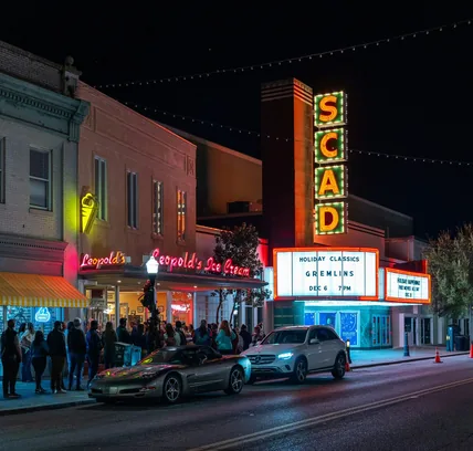 The SCAD marquee on Broughton Street at night