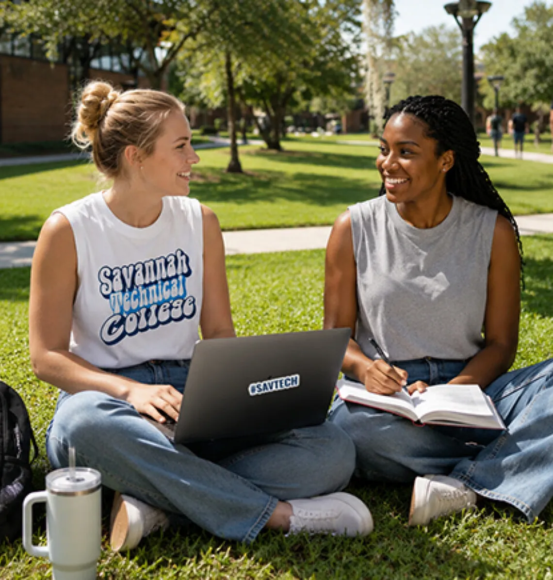 Dos estudiantes de Savannah Technical College estudiando en el césped
